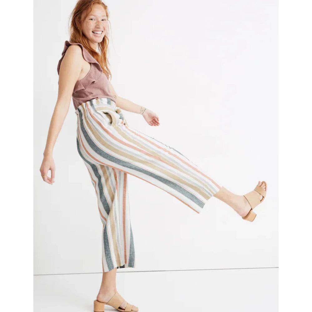 Madewell Tie-Waist Huston Pull-On Crop Pants Size Small in Stripe Linen Blend - Picture 12 of 12